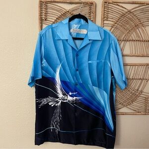 Vintage Mark Raysten Malahini Hawaiian Aloha Shirt Asian Crane Bird Sz L B22